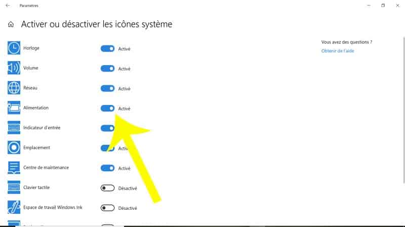 windows icone batterie active